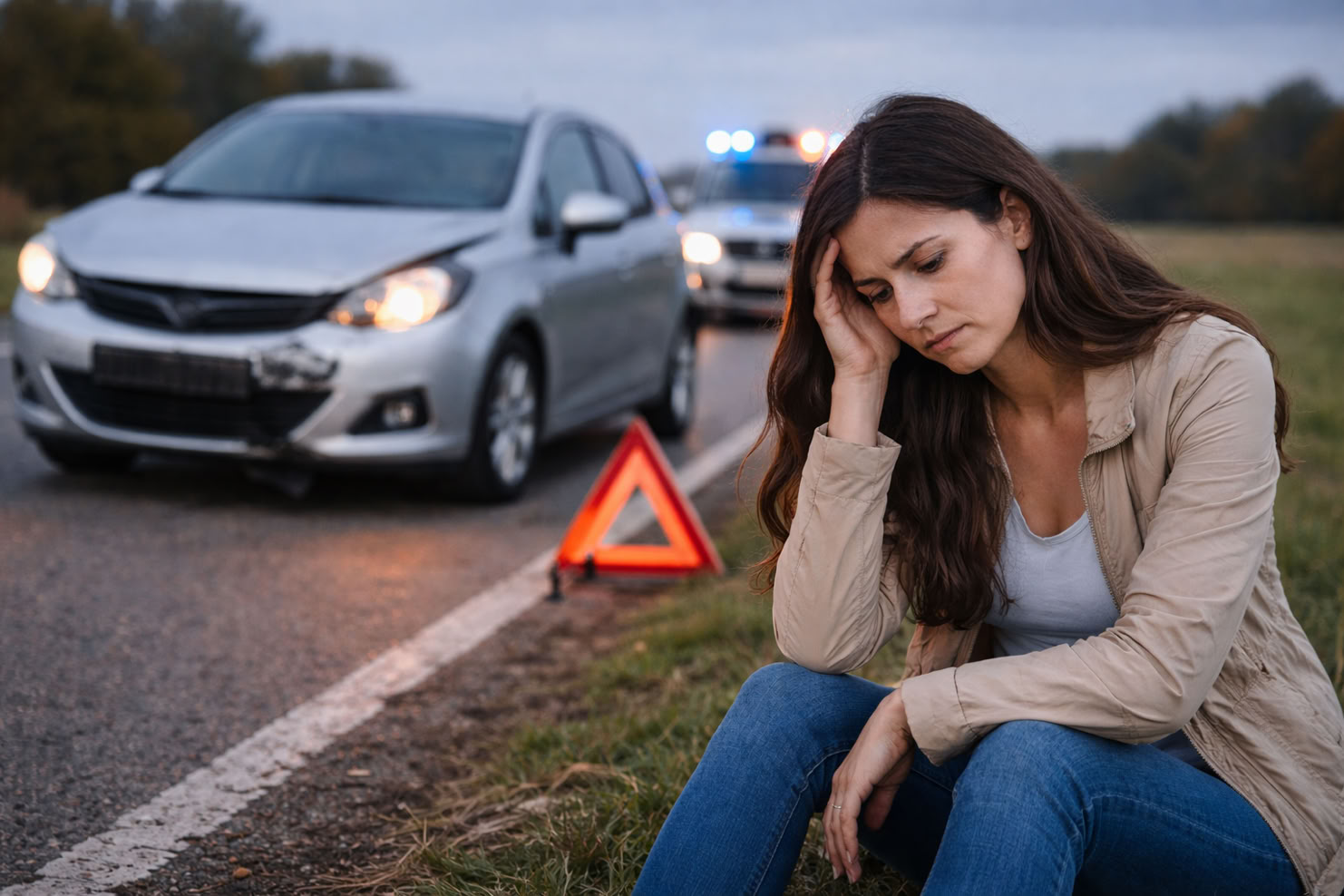 Frau sitzt am Straßenrand mit einem Auto und einem Warndreieck im Hintergrund.Unfallgutachten